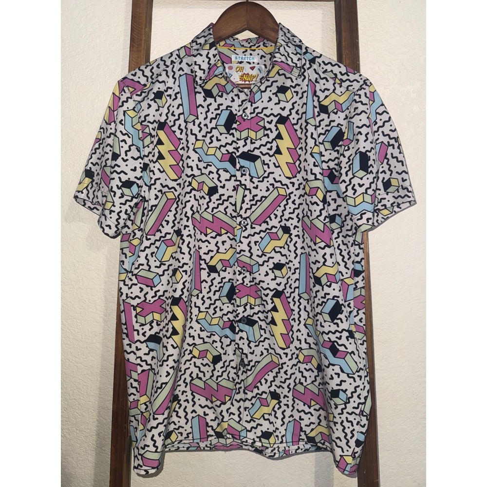 Drill Clothing Co. Oh Snap Retro 90s Geometric Stretch Button Down Shirt Mens S